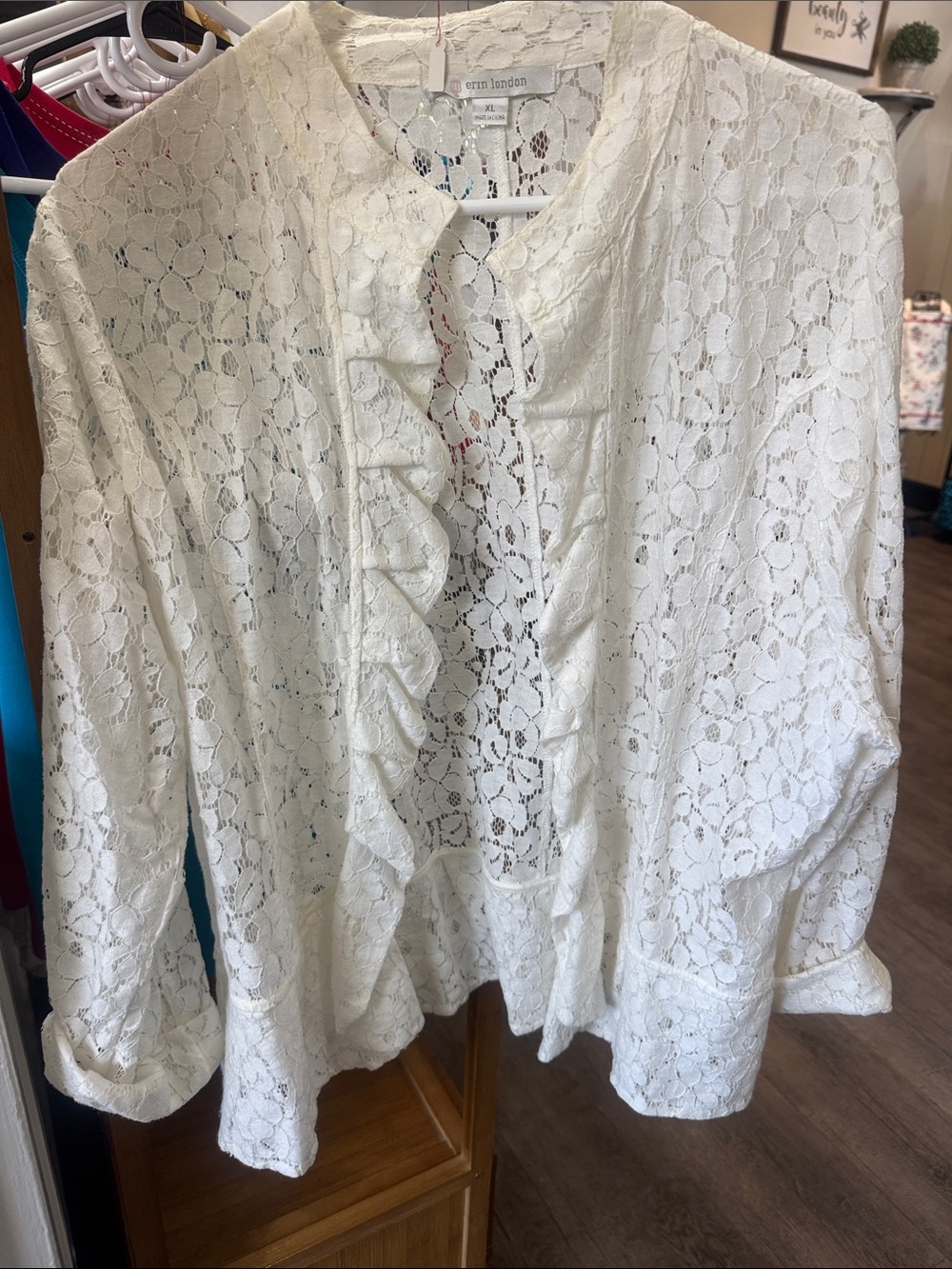 erin london White Lace Ruffle Front Shacket